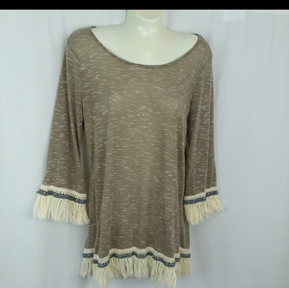 Cato Boho Tunic with Fringe, Small, Brown, Cream